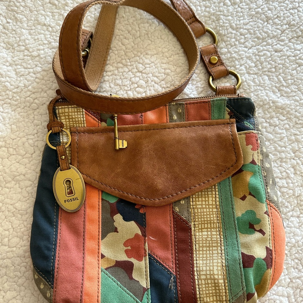 Fossil Multicolor Patchwork Crossbody with Tan Le… - image 1